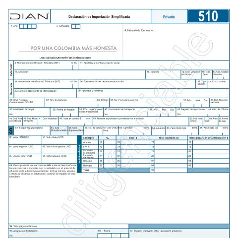 Vista previa del documento Declaración de Importación Simplificada — Año 2022, Colombia (CERFA n°F510-2022)