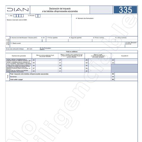 Vista previa del documento Declaración del Impuesto a las bebidas ultraprocesadas azucaradas. - Resolución 011336 de diciembre 29 de 2023. — Año 2026, Colombia (CERFA n°F335-2026)