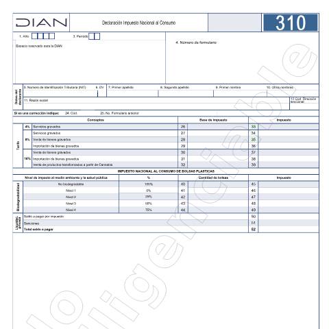 Vista previa del documento Declaración Impuesto Nacional al Consumo - Resolución 16 de marzo 7 de 2019. — Año 2025, Colombia (CERFA n°F310-2025)