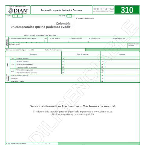 Vista previa del documento Declaración Impuesto Nacional al Consumo — Año 2013, Colombia (CERFA n°F310-2013)