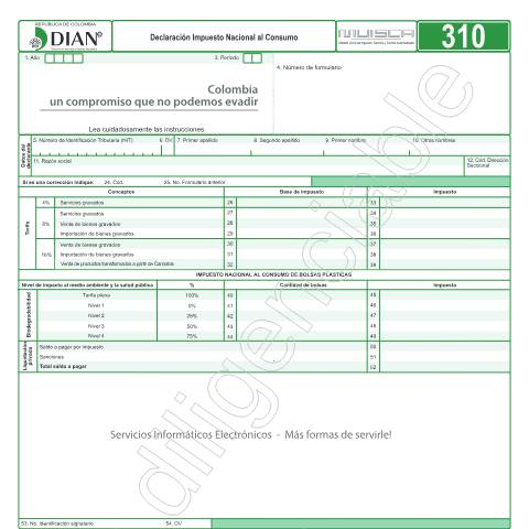 Vista previa del documento Declaración Impuesto Nacional al Consumo — Año 2017, Colombia (CERFA n°F310-2017)