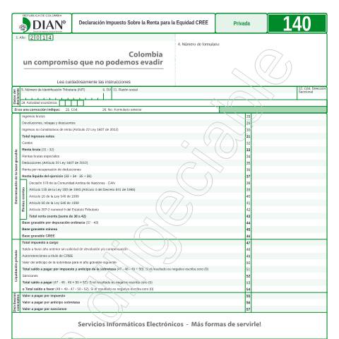 Vista previa del documento Declaración Impuesto Sobre la Renta para la Equidad CREE — Año 2015, Colombia (CERFA n°F140-2015)
