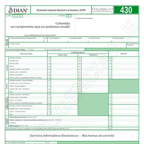 Vista previa del documento Declaración Impuesto Nacional a la Gasolina y ACPM — Año 2013, Colombia (CERFA n°F430-2013)