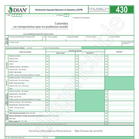 Vista previa del documento Declaración Impuesto Nacional a la Gasolina y ACPM — Año 2018, Colombia (CERFA n°F430-2018)
