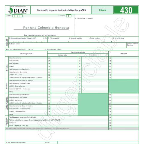 Vista previa del documento Declaración Impuesto Nacional a la Gasolina y ACPM - Resolución 4 de enero 15 de 2019 — Año 2019, Colombia (CERFA n°F430-2019)