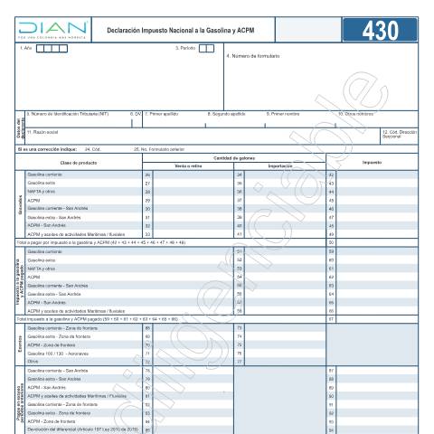 Vista previa del documento Declaración Impuesto Nacional a la Gasolina y ACPM - Resolución 4 de enero 15 de 2019. — Año 2023, Colombia (CERFA n°F430-2023)