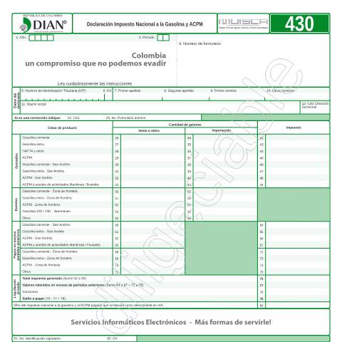 Vista previa del documento Declaración Impuesto Nacional a la Gasolina y ACPM — Año 2016, Colombia (CERFA n°F430-2016)
