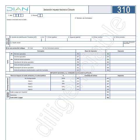 Vista previa del documento Declaración Impuesto Nacional al Consumo - Resolución 16 de marzo 7 de 2019 — Año 2021, Colombia (CERFA n°F310-2021)