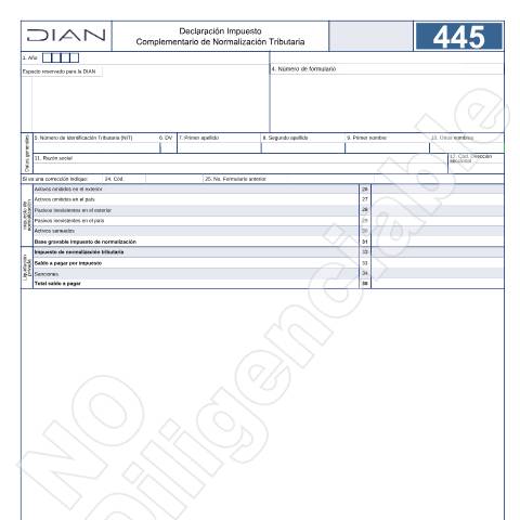 Vista previa del documento Declaración del Impuesto Complementario de Normalización Tributaria - Resolución 000013 de 7 de mayo del 2026. — Año 2026, Colombia (CERFA n°F445-2026)