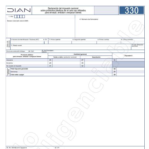 Vista previa del documento Declaración del impuesto nacional sobre productos plásticos de un solo uso utilizados para envasar, embalar o empacar bienes. - Resolución 011336 de diciembre 29 de 2023. — Año 2026, Colombia (CERFA n°F330-2026)