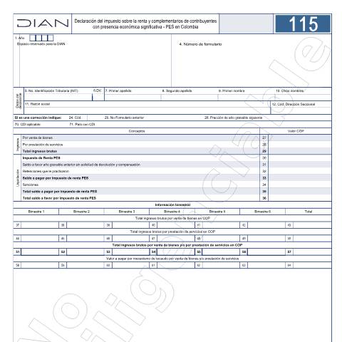 Vista previa del documento Declaración del impuesto sobre la renta y complementarios de contribuyentes con presencia económica significativa - PES en Colombia - Resolución 000004 del 24 de enero de 2025. — Año 2025, Colombia (CERFA n°F115-2025)