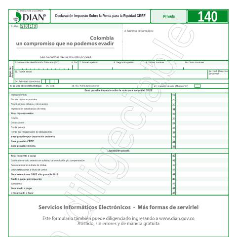 Vista previa del documento Declaración Impuesto Sobre la Renta para la Equidad CREE — Año 2014, Colombia (CERFA n°F140-2014)