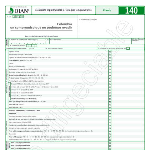 Vista previa del documento Declaración Impuesto Sobre la Renta para la Equidad CREE — Año 2016, Colombia (CERFA n°F140-2016)