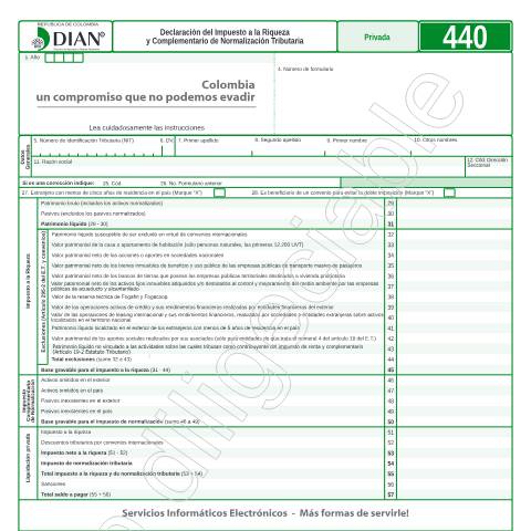 Vista previa del documento Declaración del Impuesto a la Riqueza y Complementario de Normalización Tributaria — Año 2016, Colombia (CERFA n°F440-2016)