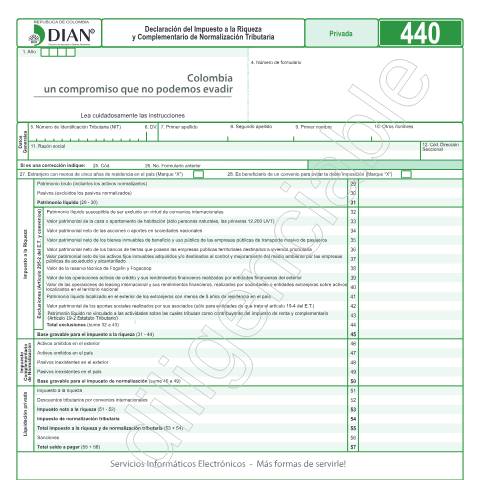 Vista previa del documento Declaración del Impuesto a la Riqueza y Complementario de Normalización Tributaria — Año 2017, Colombia (CERFA n°F440-2017)