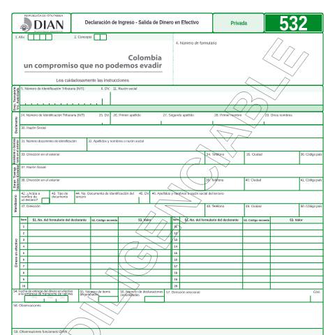 Vista previa del documento Declaración de Ingreso - Salida Dinero en Efectivo — Año 2017, Colombia (CERFA n°F532-2017)