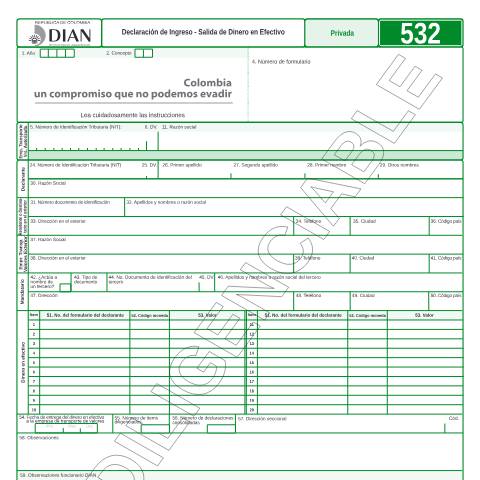Vista previa del documento Declaración de Ingreso - Salida Dinero en Efectivo — Año 2019, Colombia (CERFA n°F532-2019)