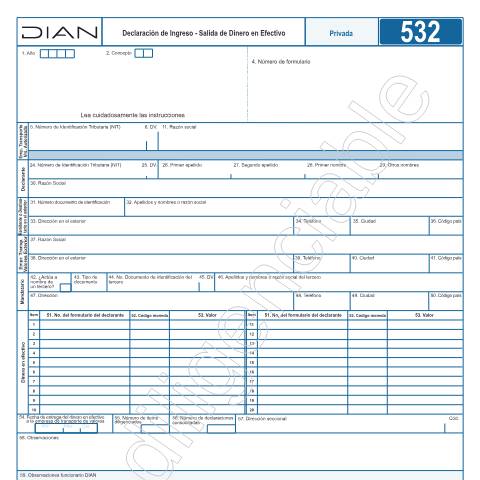Vista previa del documento Declaración de Ingreso - Salida Dinero en Efectivo — Año 2024, Colombia (CERFA n°F532-2024)