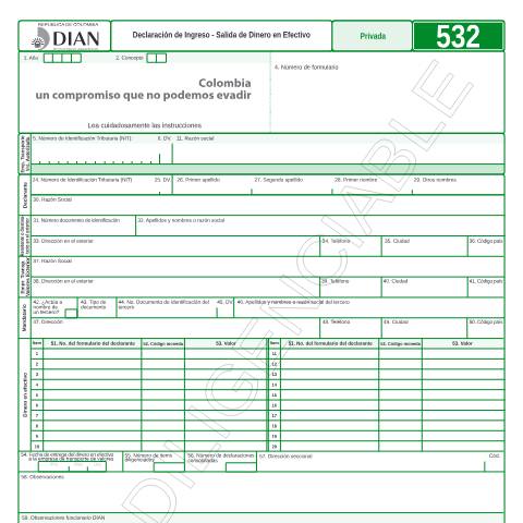 Vista previa del documento Declaración de Ingreso - Salida de Dinero en Efectivo — Año 2011, Colombia (CERFA n°F532-2011)