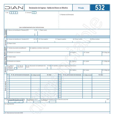 Vista previa del documento Declaración de Ingreso - Salida Dinero en Efectivo — Año 2022, Colombia (CERFA n°F532-2022)