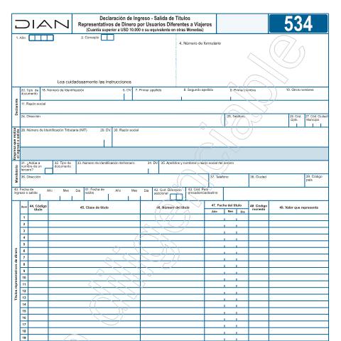 Vista previa del documento Declaración de Ingreso - Salida de Títulos Representativos de Dinero por Usuarios. — Año 2026, Colombia (CERFA n°F534-2026)