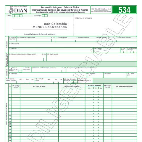 Vista previa del documento Declaración de Ingreso - Salida de Títulos Representativos de Dinero — Año 2018, Colombia (CERFA n°F534-2018)
