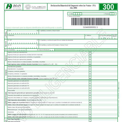 Vista previa del documento Declaración bimestral del impuesto sobre las ventas - iva año 2004 — Año 2004, Colombia (CERFA n°F300-2004)