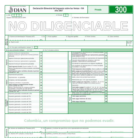 Vista previa del documento Declaración bimestral del impuesto sobre las ventas - iva año 2007 — Año 2007, Colombia (CERFA n°F300-2007)
