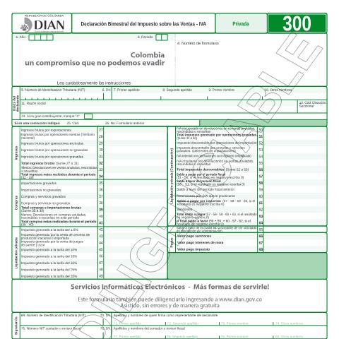 Vista previa del documento Declaración Bimestral del Impuesto sobre las Ventas - IVA — Año 2012, Colombia (CERFA n°F300-2012)