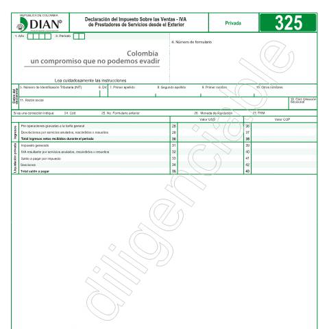 Vista previa del documento Declaración del Impuesto Sobre las Ventas – IVA de Prestadores de Servicios desde el Exterior — Año 2018, Colombia (CERFA n°F325-2018)