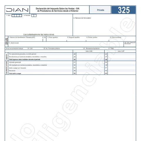 Vista previa del documento Declaración del Impuesto Sobre las Ventas - IVA de Prestadores de Servicios desde el Exterior – Resolución 69 de diciembre 28 de 2018. — Año 2025, Colombia (CERFA n°F325-2025)