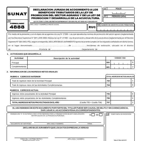Vista previa del documento Declaración Jurada de Acogimiento a la Ley de Promoción del Sector Agrario* — FORMULARIOS - SOLICITUDES, Perú (CERFA n°4888)
