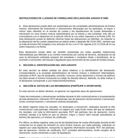 Vista previa del documento Declaración Jurada anual sobre inversiones, reinversiones, liquidación y
                                    rescate de cuotas de fondos mutuos no acogidas a los artículos 42 bis y
                                    57 bis vigente al 31.12.2016 de la Ley sobre Impuesto a la Renta. — Otros, Chile (CERFA n°2016)