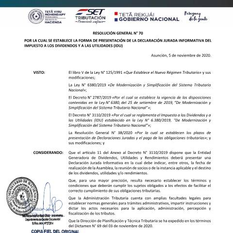 Vista previa del documento RESOLUCION GENERAL N° 70 2020 DECLARACION JURADA INFORMATIVA IDU — Idu / IVA, Paraguay