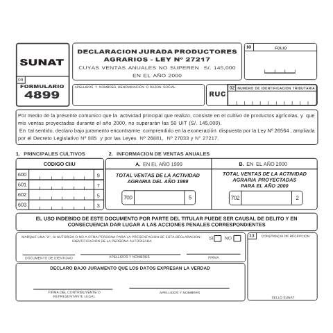 Vista previa del documento Declaración Jurada - Productores Agrarios — FORMULARIOS - SOLICITUDES, Perú (CERFA n°4899)
