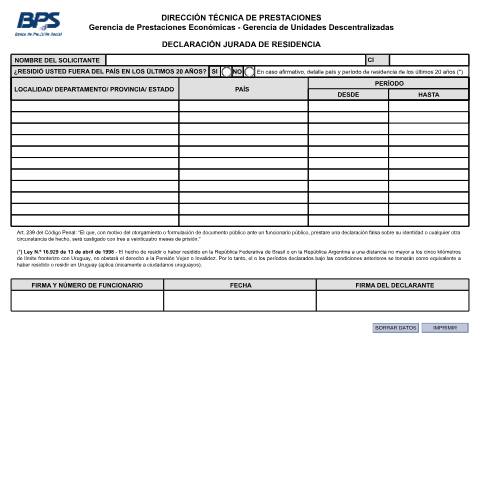 Vista previa del documento Declaración jurada de residencia — BPS - Formularios De Pasivos, Uruguay