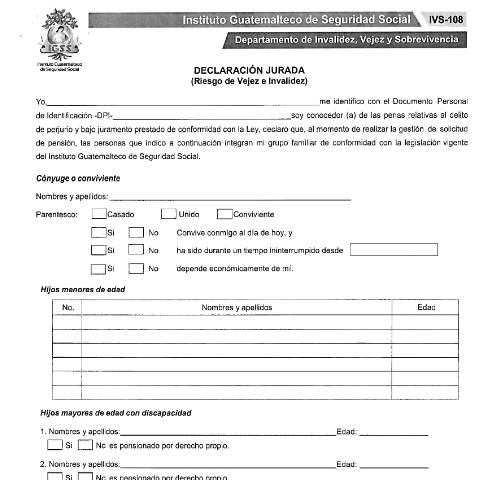 Vista previa del documento Formulario IVS 108 Declaracion Jurada Riesgo de Vejez e Invalidez IGSS rev 2023 — IGSS - Formularios, Guatemala (CERFA n°IVS-108)