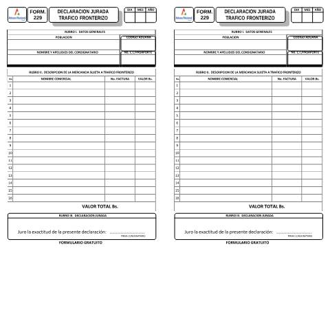 Vista previa del documento Declaración Jurada Tráfico Fronterizo — Formularios Aduana Nacional, Bolivia (CERFA n°Form 229)