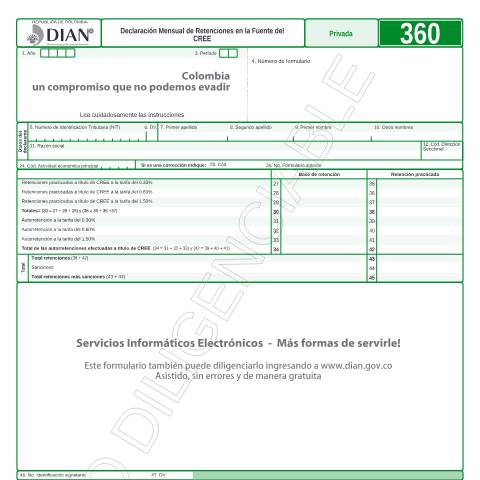 Vista previa del documento Declaración mensual de retenciones en la fuente del CREE — Año 2013, Colombia (CERFA n°F360-2013)