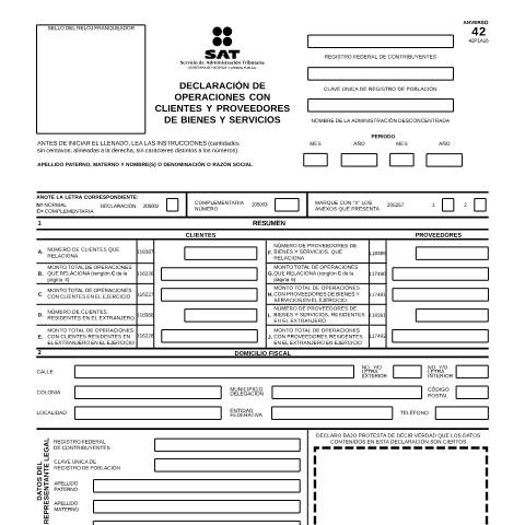 Vista previa del documento Declaración de operaciones con clientes y proveedores de bienes y servicios. Esta forma es de libre impresión.*Programa electrónico — Ley del Impuesto Sobre la Renta (ISR), México (CERFA n°42 y anexos 1 y 2)