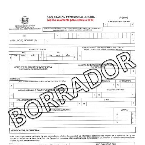 Vista previa del documento F-20 v2 Declaración Patrimonial Jurada — Formulario tributario, El Salvador (CERFA n°F-20-V2)
