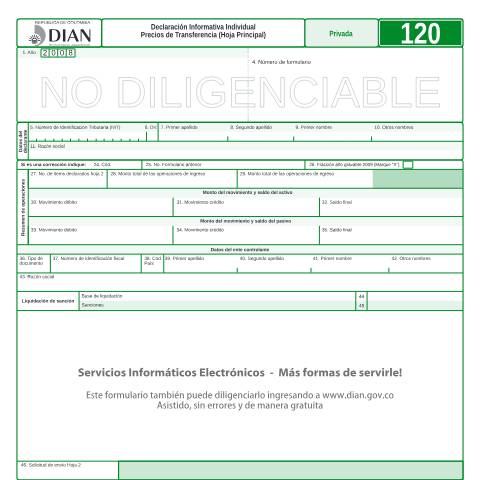 Vista previa del documento Declaración Informativa Individual Precios de Transferencia (Hoja Principal) — Año 2009, Colombia (CERFA n°F120-2009)