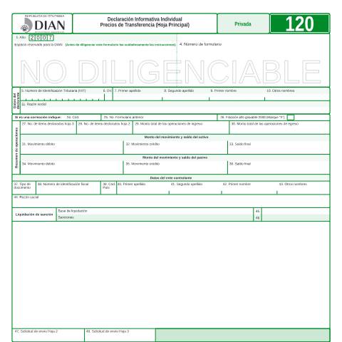 Vista previa del documento Declaración Informativa Individual Precios de Transferencia (Hoja Principal) — Año 2008, Colombia (CERFA n°F120-2008)