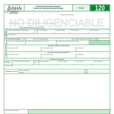 Vista previa del documento Declaración Informativa Individual Precios de Transferencia (Hoja Principal) — Año 2010, Colombia (CERFA n°F120-2010)