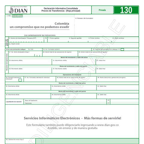 Vista previa del documento Declaración Informativa Consolidada Precios de Transferencia - (Hoja principal) — Año 2011, Colombia (CERFA n°F130-2011)