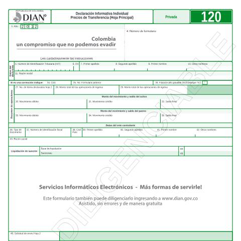 Vista previa del documento Declaración Informativa Individual Precios de Transferencia (Hoja Principal) — Año 2013, Colombia (CERFA n°F120-2013)