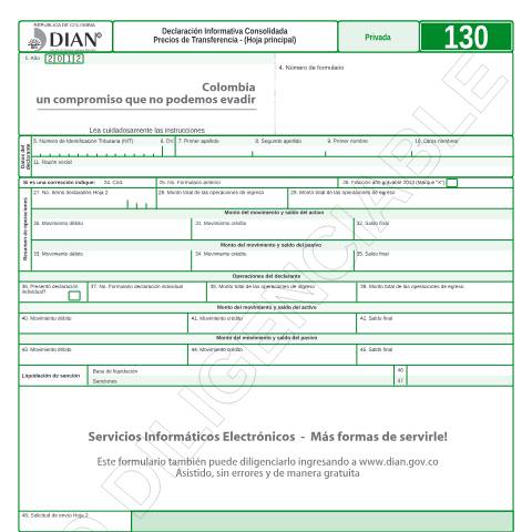Vista previa del documento Declaración Informativa Consolidada Precios de Transferencia - (Hoja principal) — Año 2013, Colombia (CERFA n°F130-2013)