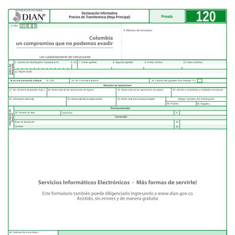 Vista previa del documento Declaración Informativa Individual Precios de Transferencia (Hoja Principal) — Año 2014, Colombia (CERFA n°F120-2014)