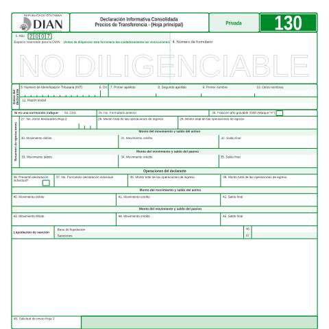 Vista previa del documento Declaración Informativa Consolidada Precios de Transferencia - (Hoja principal) — Año 2008, Colombia (CERFA n°F130-2008)