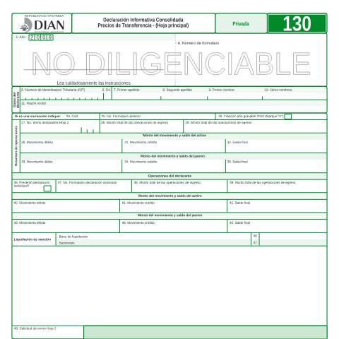 Vista previa del documento Declaración Informativa Consolidada Precios de Transferencia - (Hoja principal) — Año 2010, Colombia (CERFA n°F130-2010)